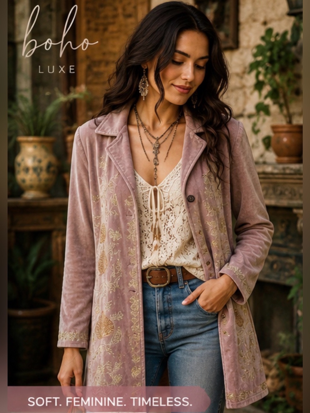 Embroidered Velvet Duster‎ Jacket 2X Dusty Mauve Silver Floral Boho Cottagecore